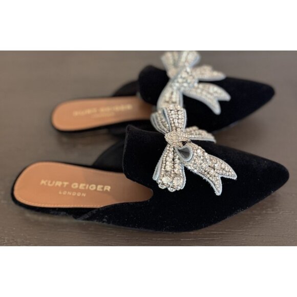 Kurt Geiger 37 / US 7 London Crystal Embellished Mule Black Velvet Flat Slip On - Picture 10 of 14